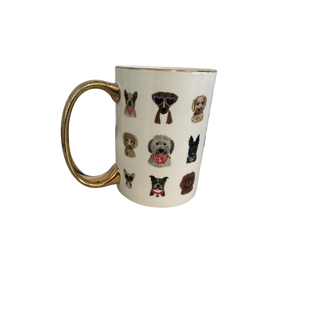Rifle Paper Co Dog Lover Mug Gold Handle Cream White Colorful‎ Dogs
